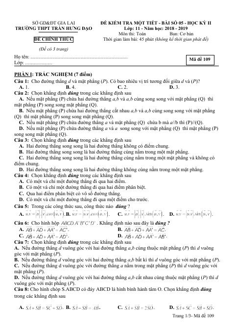 Đề kiểm tra Hình học 11 chương 3 năm 2018 – 2019 trường Trần Hưng Đạo – Gia Lai (bản Word)